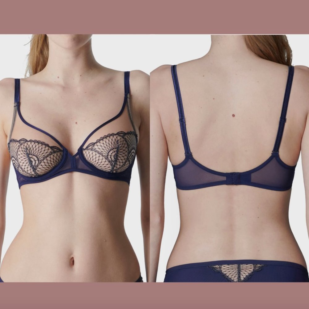NEW $120 Simone Perle [ 32C US ] Reflet Sheer‎ Underwire Plunge Bra Blue #5785